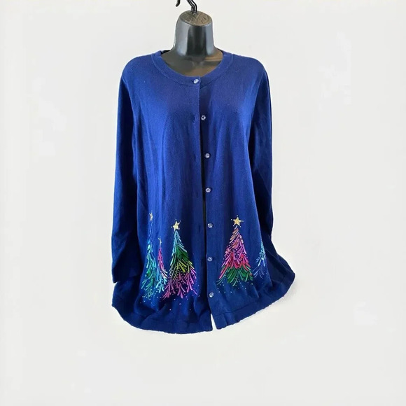 Quacker Factory Jeanne Bice Christmas Tree Sweater Sequin Cardigan Size 1X Vtg - Picture 1 of 10